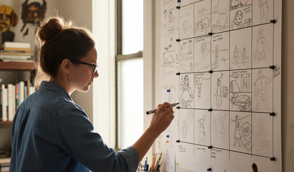 woman drawing storyboard